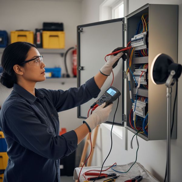 An electrician using diagnostic equipment to test wiring