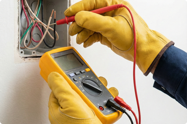 Close-up of an electrician testing wires in a junction box with a voltmeter.