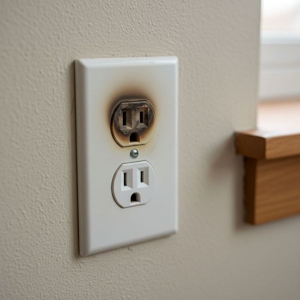 Close-up of a white American electrical outlet with severe burn marks and scorching around the top receptacle, indicating an electrical fire hazard.