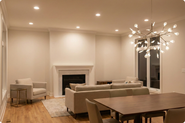 chandelier and lights in a living room and dining room