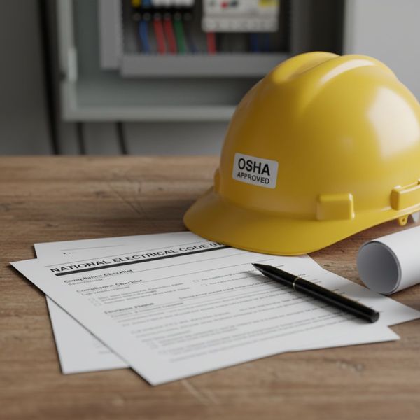 a clipboard with electrical code documents and a hard hat