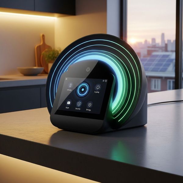 A sleek smart home hub with glowing lights, symbolizing energy control and efficiency.