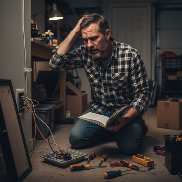 A homeowner looking frustrated at a partially disassembled electrical fixture with tools scattered around