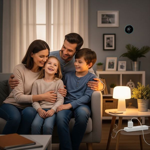 A happy family feeling safe and comfortable in their well-lit living room.