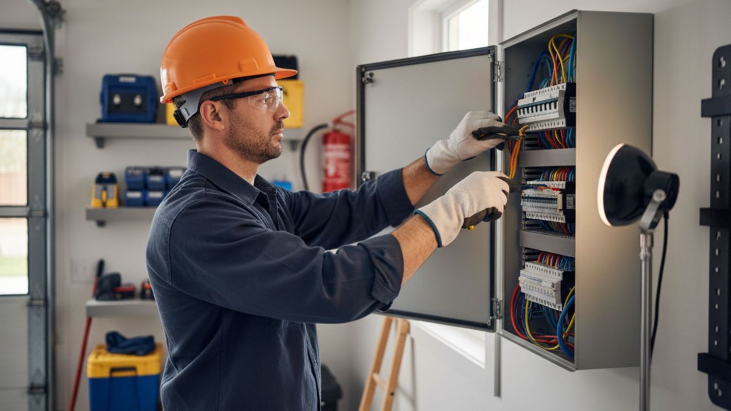 A professional electrician, wearing safety gear, working carefully on an electrical panel in a residential setting