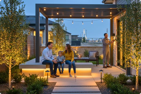 a family enjoying their outdoor lighting solutions while the electrician installs them in the background