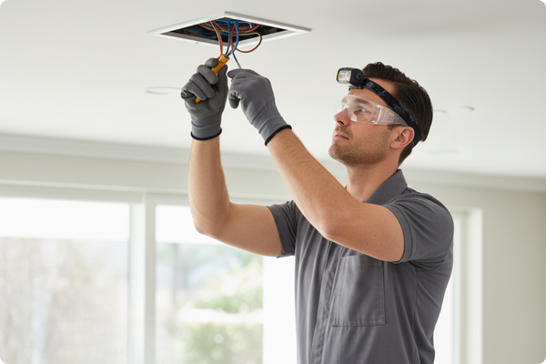 an electrician working on fixing wiring in the ceiling