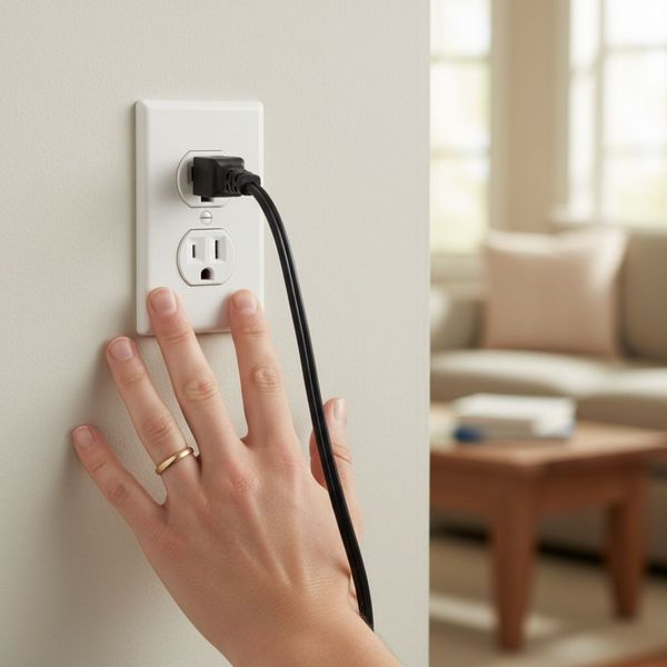 Person's hand hovering near a white American electrical outlet with a black cord plugged in, checking the outlet plate for heat.