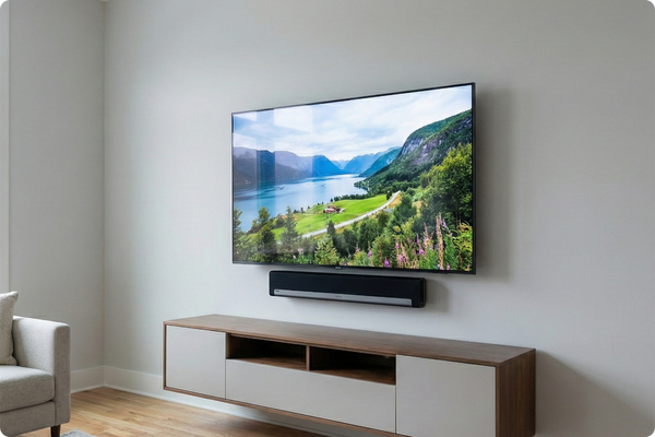 tv and soundbar mounted to a wall in a clean living room