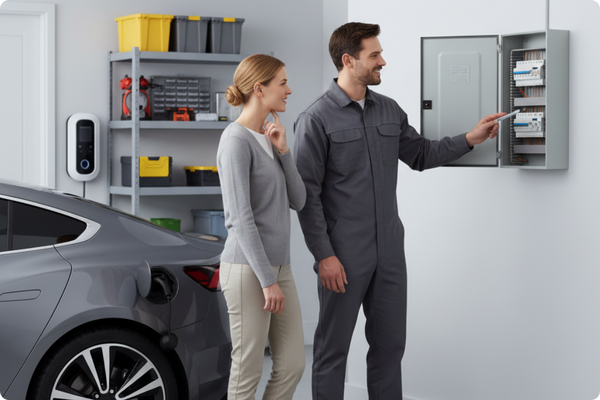 an electrician showing a homeowner the electrical panel