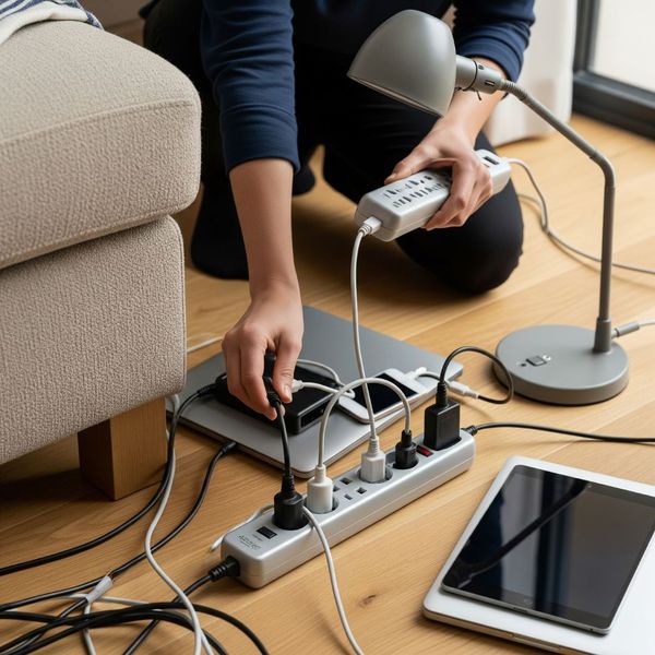 Hands plugging multiple electronic device chargers into a power strip.