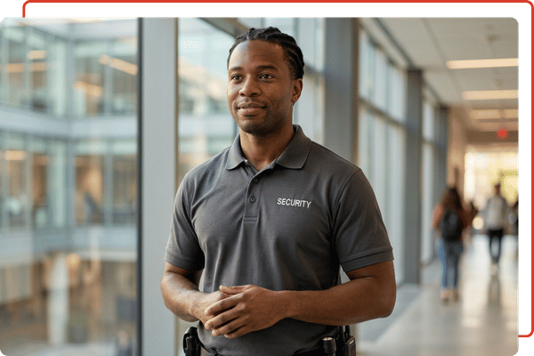 A welcoming unarmed African American security guard in a grey polo uniform monitoring a modern light-filled university corridor.