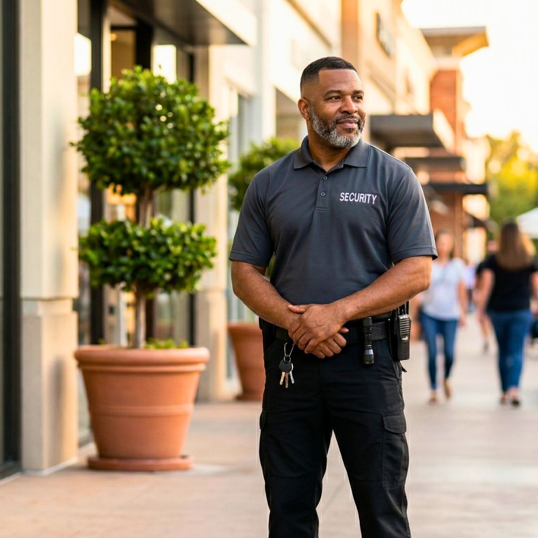 A professional mature unarmed African American security guard with a short beard standing near large terracotta pots in an upscale outdoor shopping plaza.