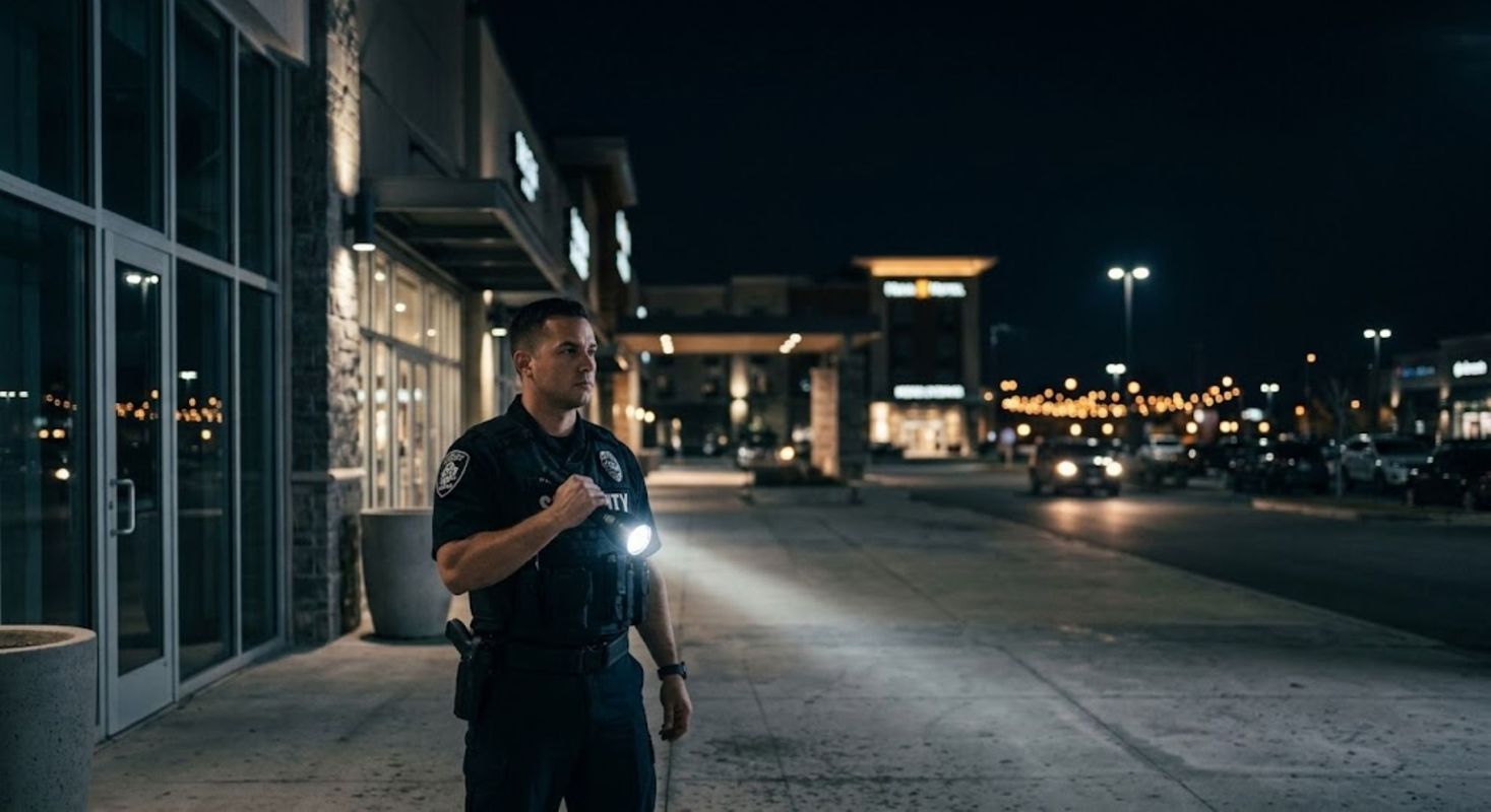 a security officer using a flashlight patrolling a shopping center at night