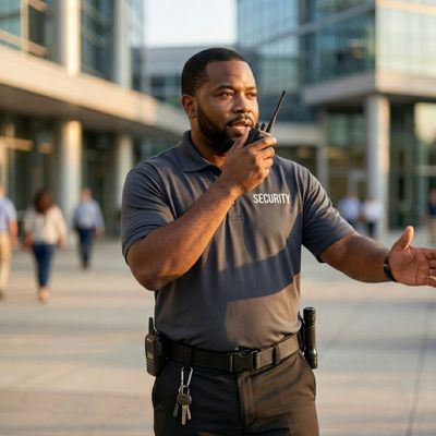 An active unarmed African American security guard gesturing with hands during foot patrol on a corporate campus plaza. An active unarmed African American security guard gesturing with hands during foot patrol on a corporate campus plaza.