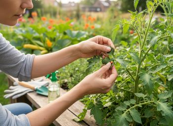 Gardener's Hands with Ladybug on Tomato Plant