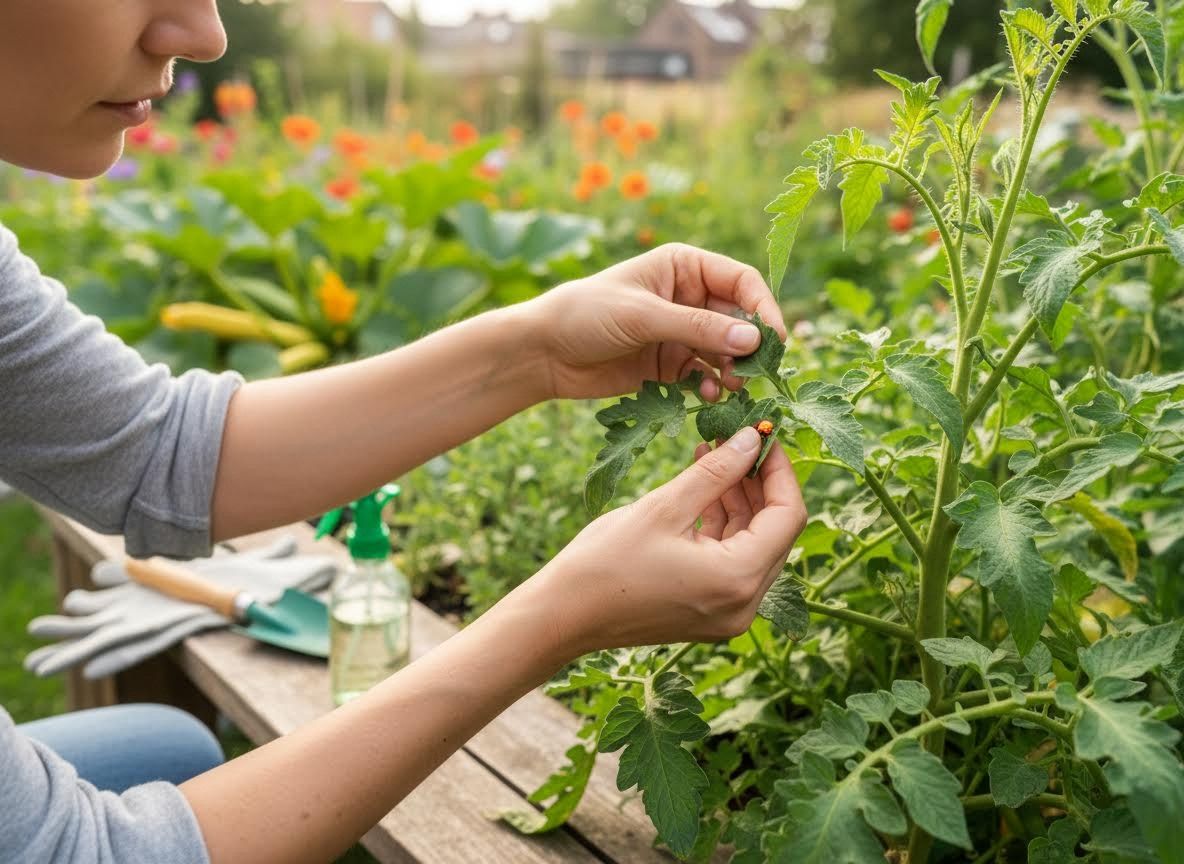 Gardener's Hands with Ladybug on Tomato Plant