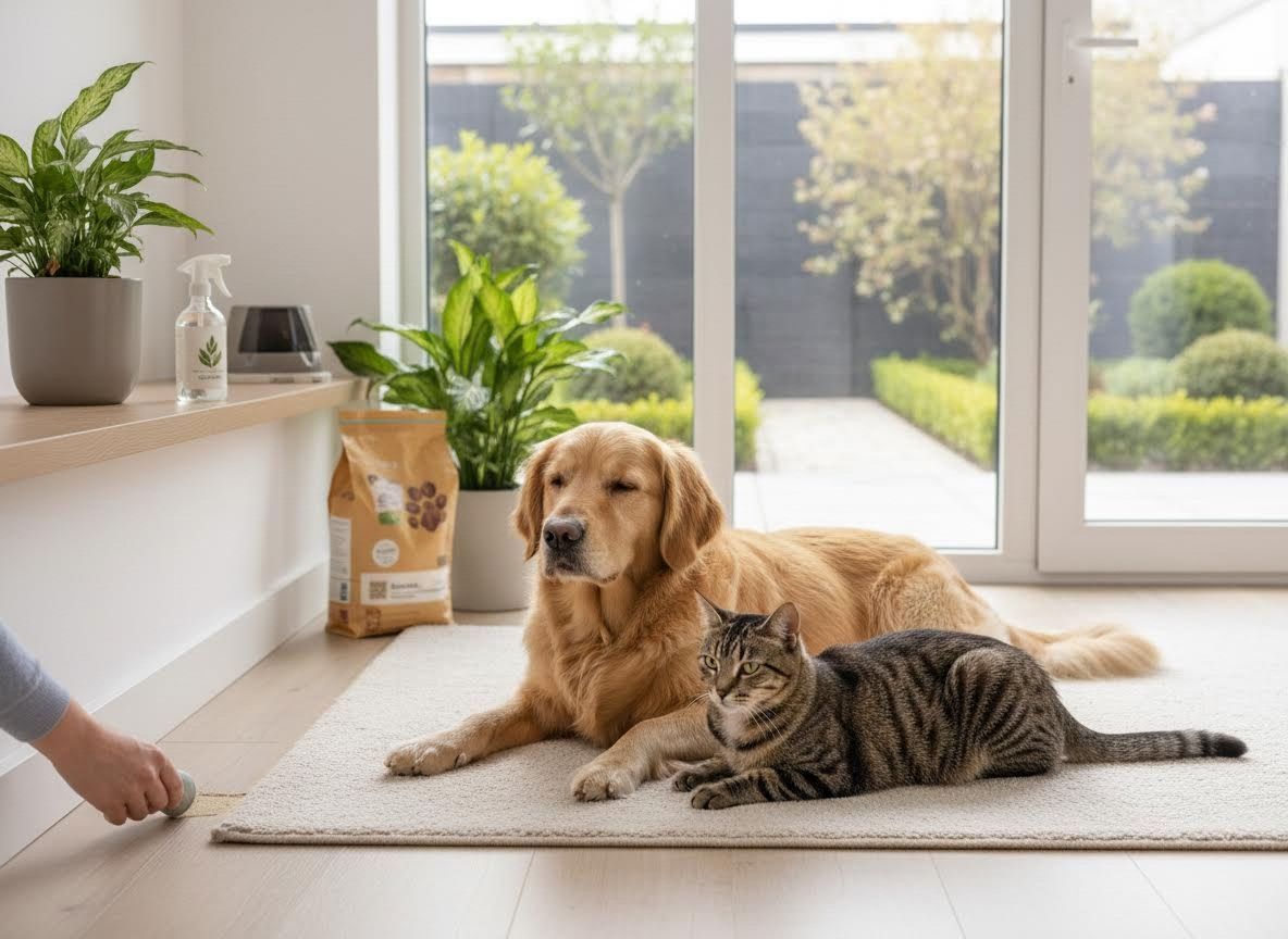 Golden Retriever Dog and Tabby Cat Resting Indoors with Pet Supplies