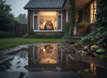 Rainy evening outside a house with spiders and family indoors