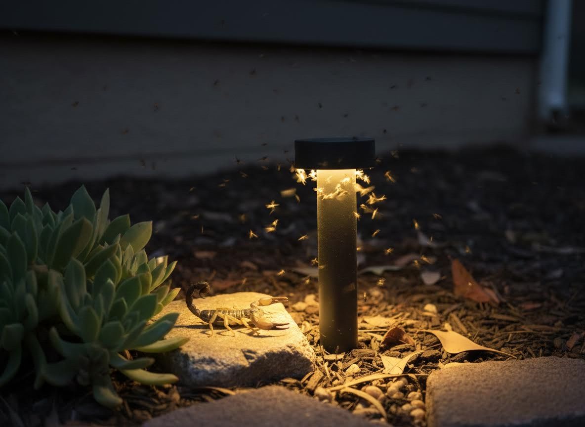 Scorpion and Moths Around a Garden Light at Night