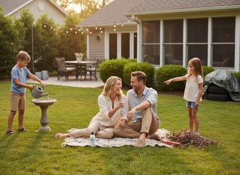 Family enjoying time in their backyard with children, product visible
