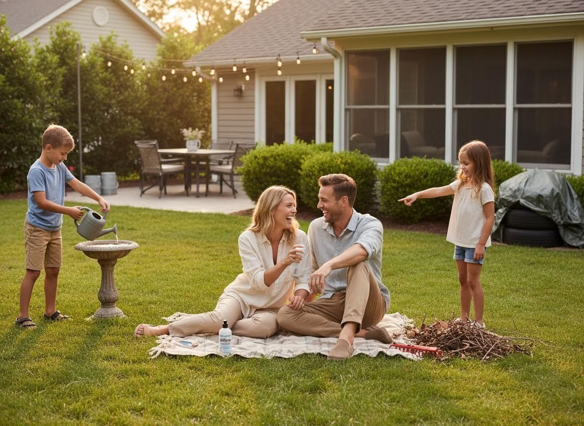Family enjoying time in their backyard with children, product visible