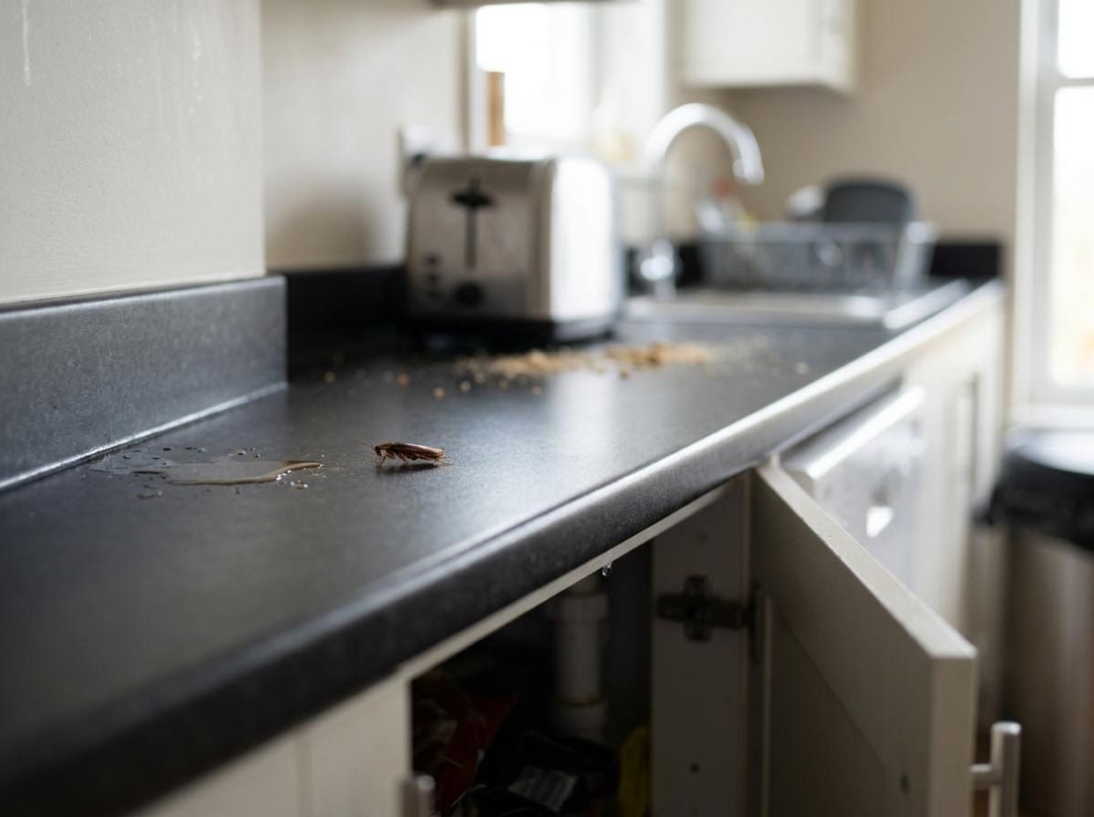 Cockroach on Messy Kitchen Counter