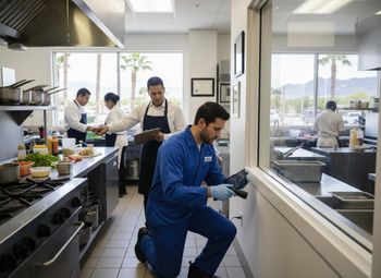 A technician inspects a wall in a commercial kitchen while chefs prepare food and oversee operations in the background. Commercial Kitchen Inspection and Operations