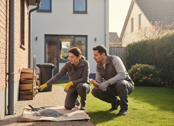 A couple crouches outside a house, inspecting tools and wire mesh on a sheet of paper. The man holds sealant, as the woman points to the foundation. Couple inspecting house foundation for home repair