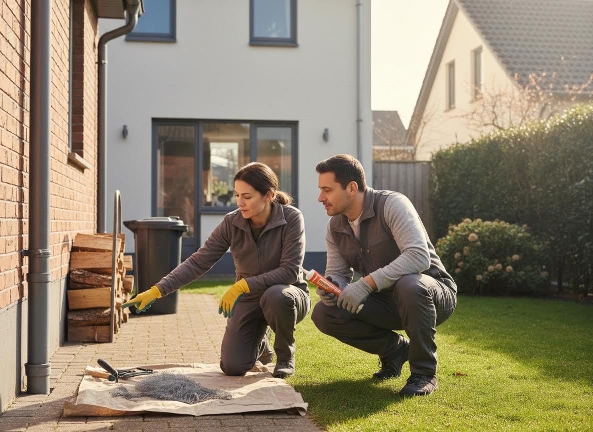 Couple inspecting house foundation for home repair