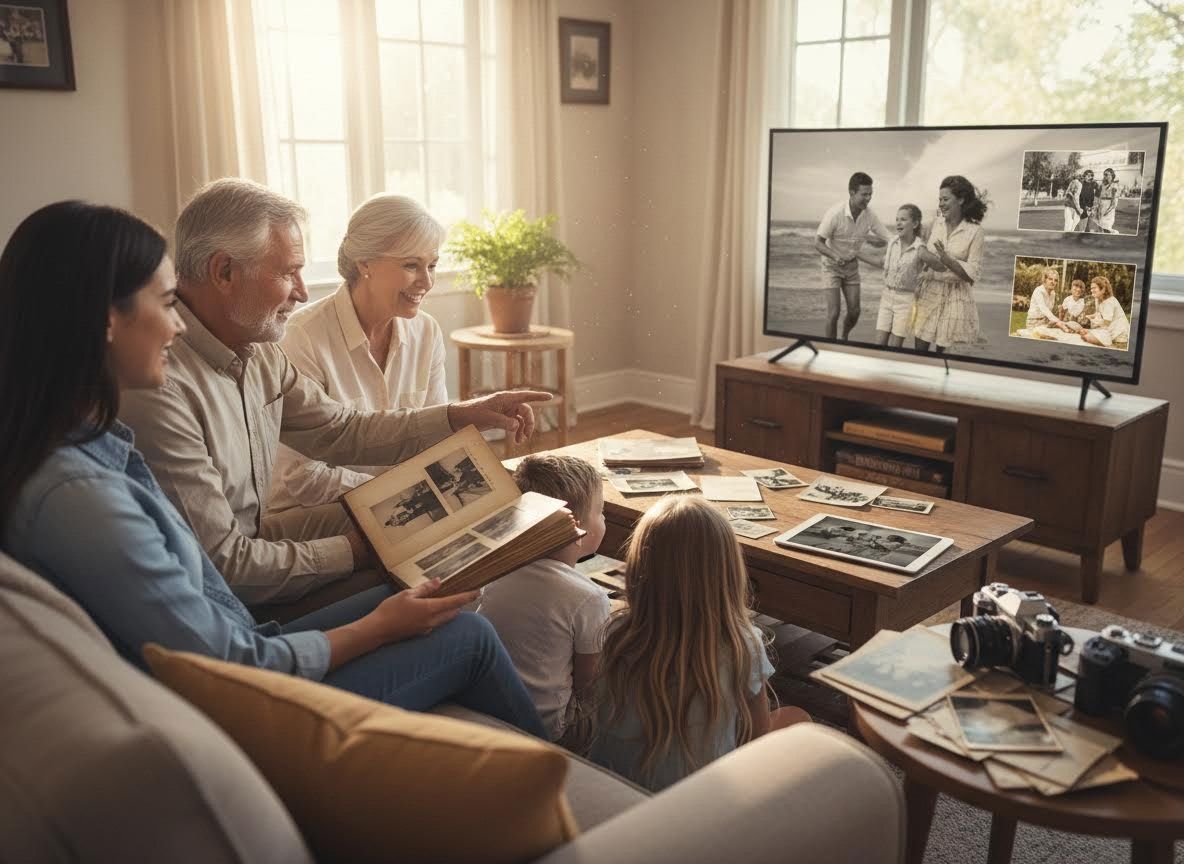 Multi-generational family sharing old photos and memories