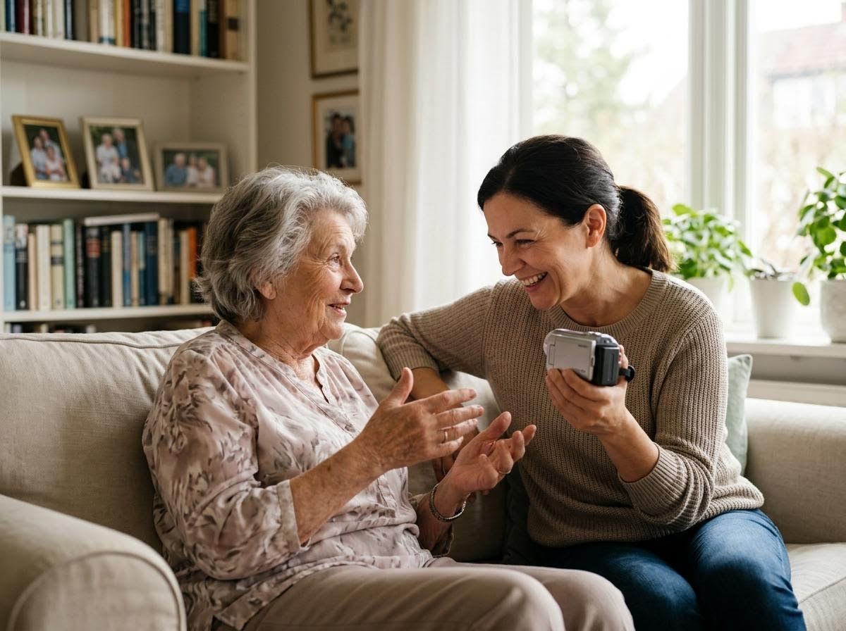Two women laughing while looking at a camcorder on a sofa