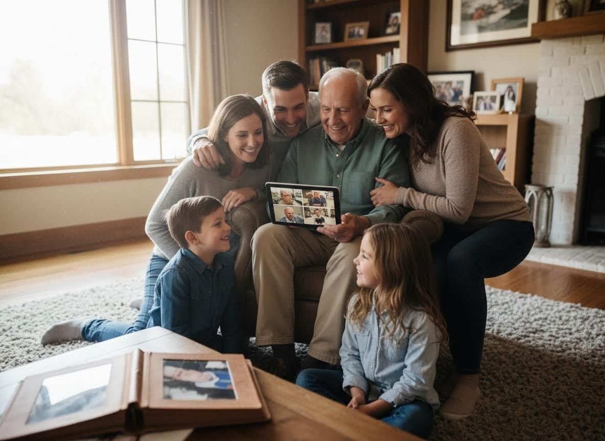Multi-generational family enjoying a video call on a tablet