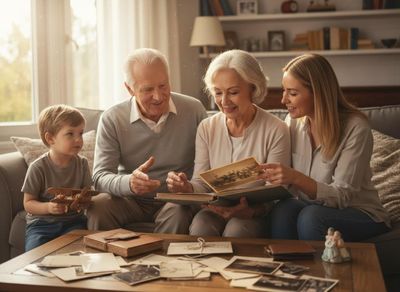 Grandparents, mother, and young boy on a couch, happily looking through vintage photo albums and scattered pictures. Multi-generational family sharing old photo memories