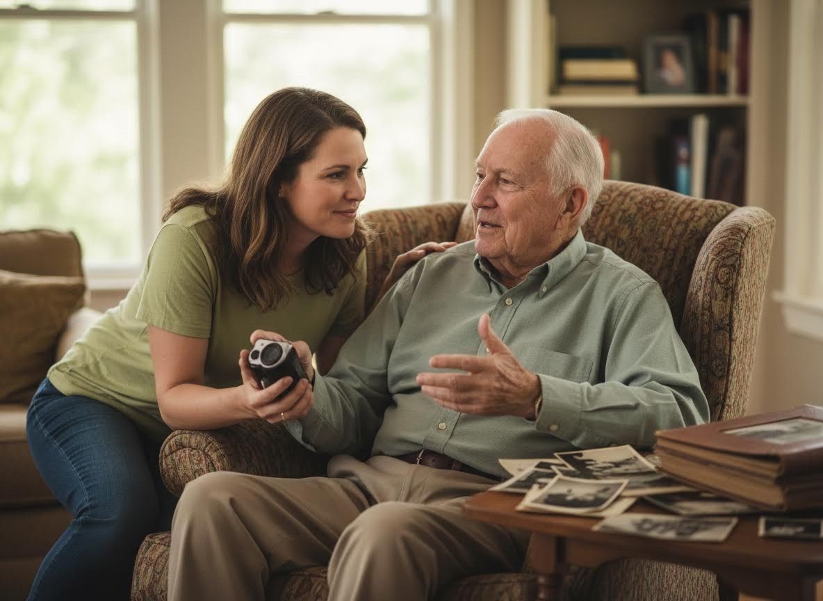 Elderly man and younger woman sharing memories