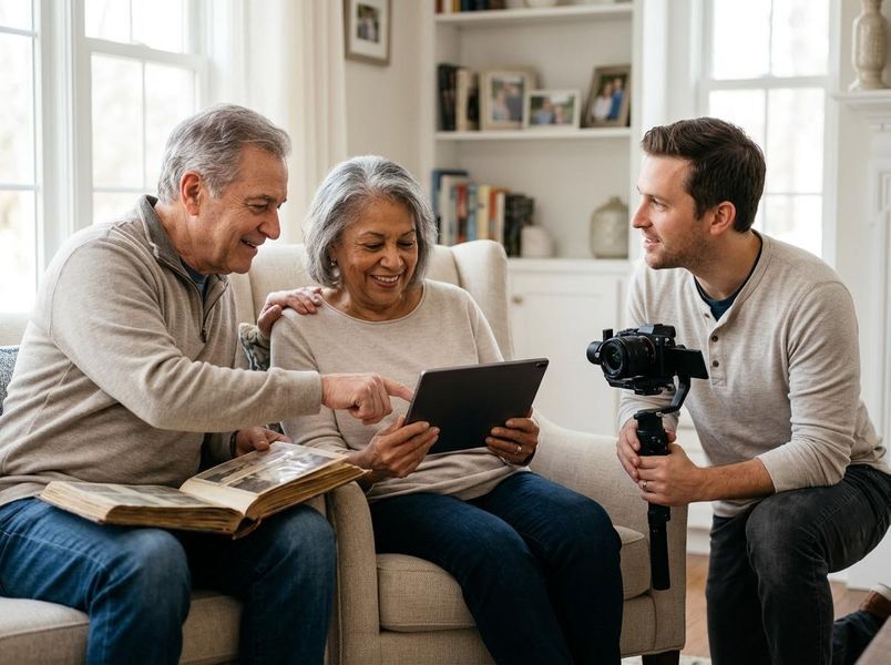 A younger man with a camera films an elderly couple smiling, looking at an old photo album and pointing at a tablet. Man filming an older couple reviewing a photo album and tablet