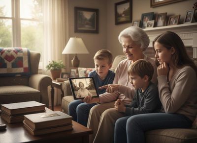 An elderly woman and her grandchildren sit together on a sofa, viewing a vintage black and white photo of a woman on a swing on a tablet. Generations share memories on tablet