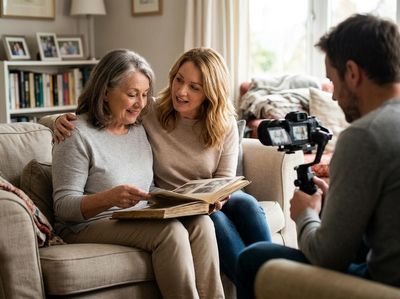 Family capturing memories with a photo album and video camera
