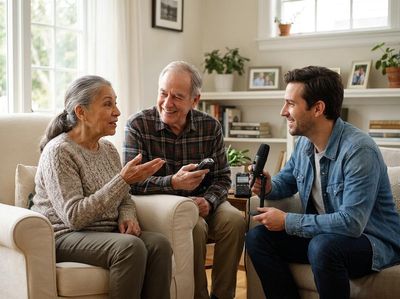 A young man records an older couple's stories for a podcast in a cozy living room. The woman talks while the man smiles, holding a recorder. Intergenerational Podcast Interview