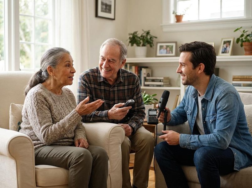 A young man records an older couple's stories for a podcast in a cozy living room. The woman talks while the man smiles, holding a recorder. Intergenerational Podcast Interview