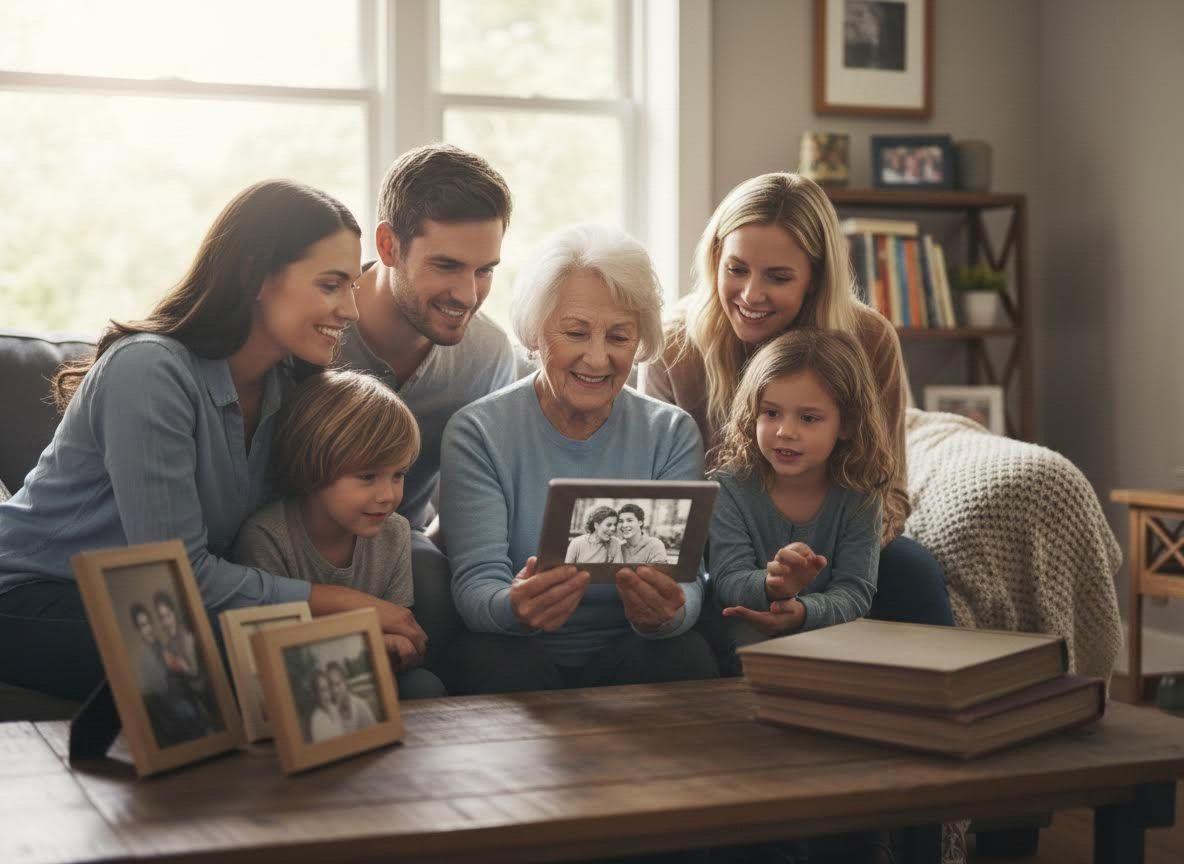 Multi-generational family viewing old photos