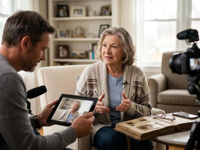 A man interviews a senior woman for a video. She speaks into a lavalier mic, gesturing, with an open photo album nearby. Her image is on a tablet. Elderly woman sharing memories during a video interview