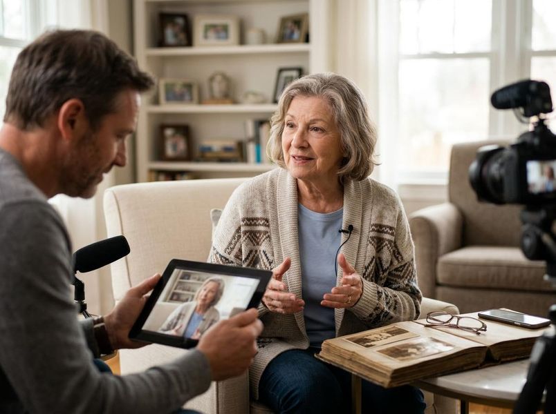 A man interviews a senior woman for a video. She speaks into a lavalier mic, gesturing, with an open photo album nearby. Her image is on a tablet. Elderly woman sharing memories during a video interview
