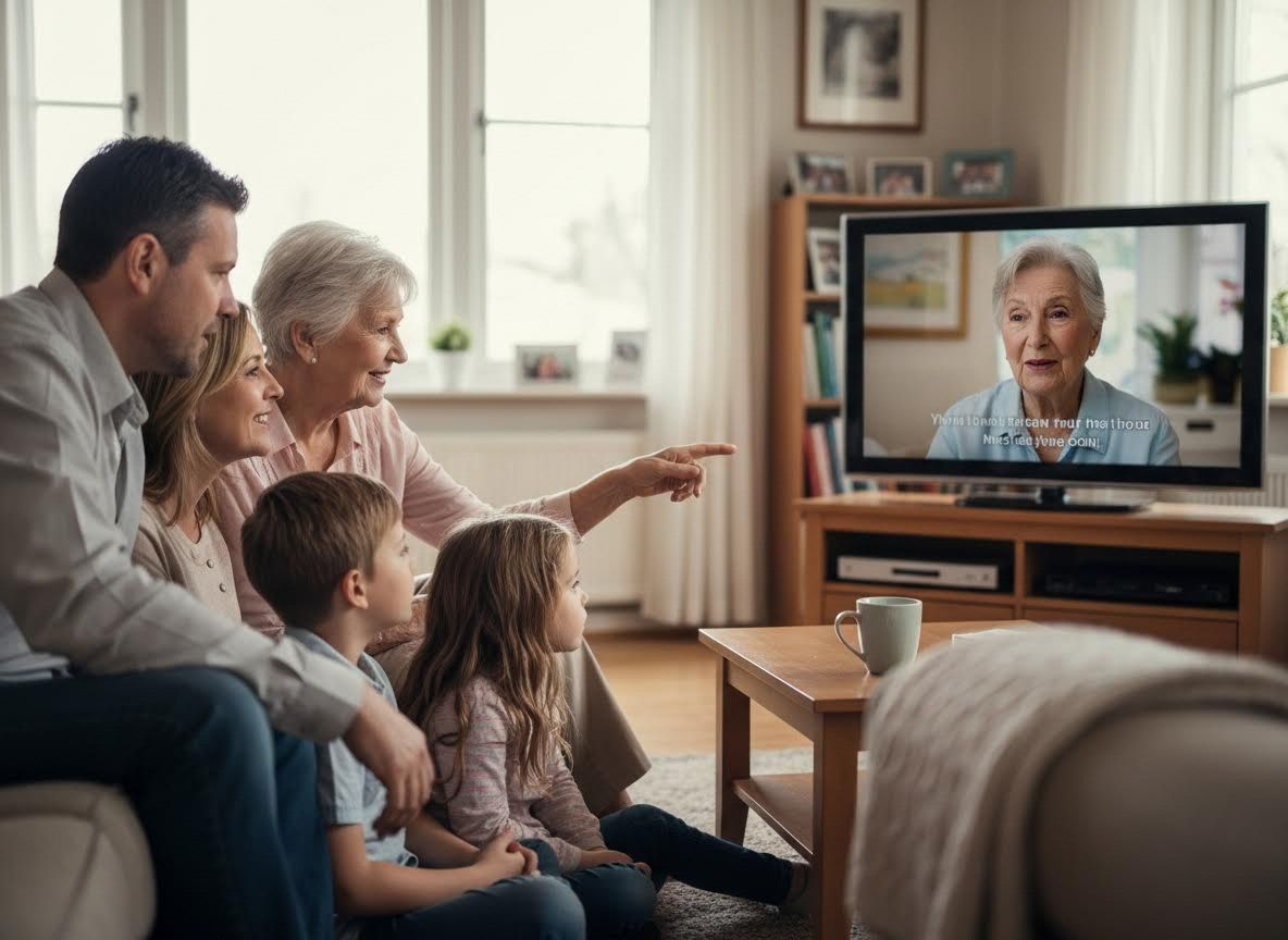 Multi-generational family watching TV together in living room
