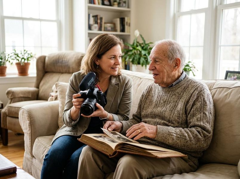A woman holding a video camera interviewing an elderly man looking at a photo album.