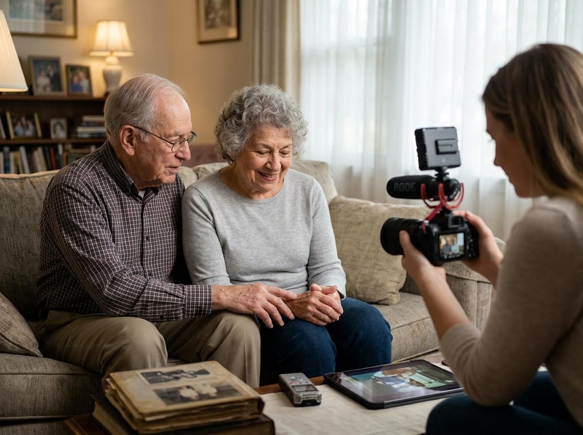 Elderly Couple Sharing Memories on Camera