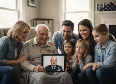 A multi-generational family, including an elderly veteran with medals, gathers to watch a video or photo of his younger self in military uniform on a tablet. Family gathered around a veteran watching his military past on a tablet