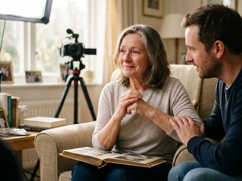 Emotional woman looking at a photo album, comforted by a man
