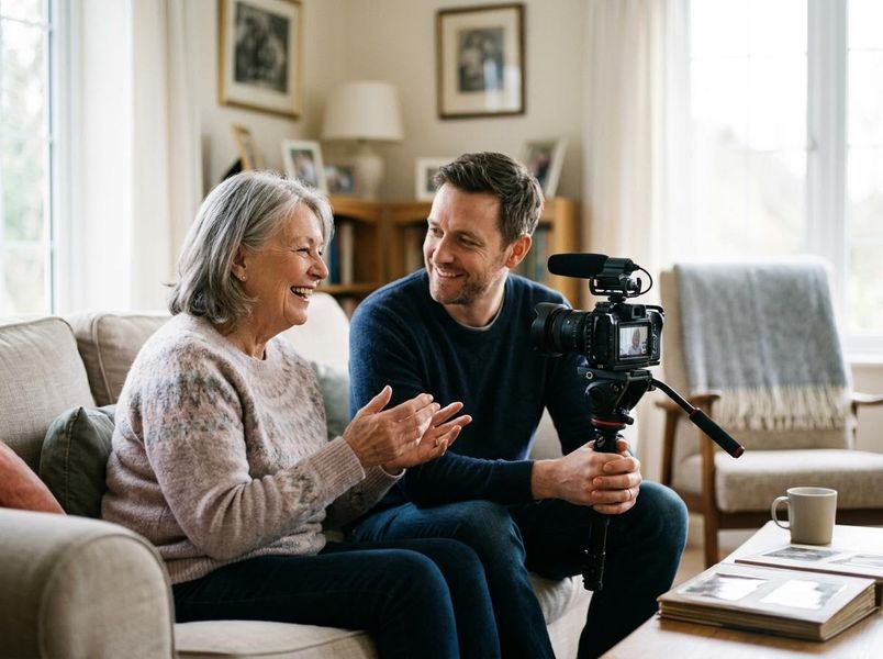 Older Woman and Man Recording Video Interview