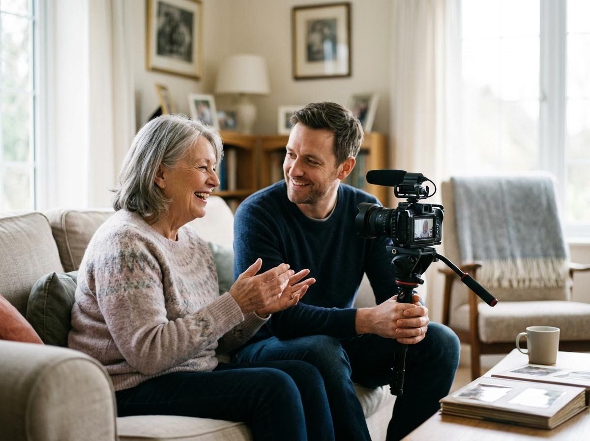 Older Woman and Man Recording Video Interview